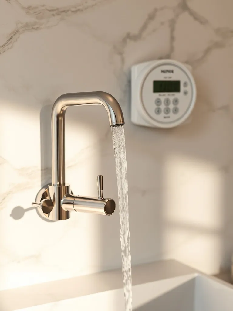 Close up of high-tech water-saving faucet and smart energy m