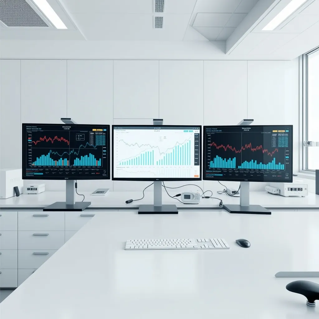 A high-tech laboratory desk with monitors showing financial