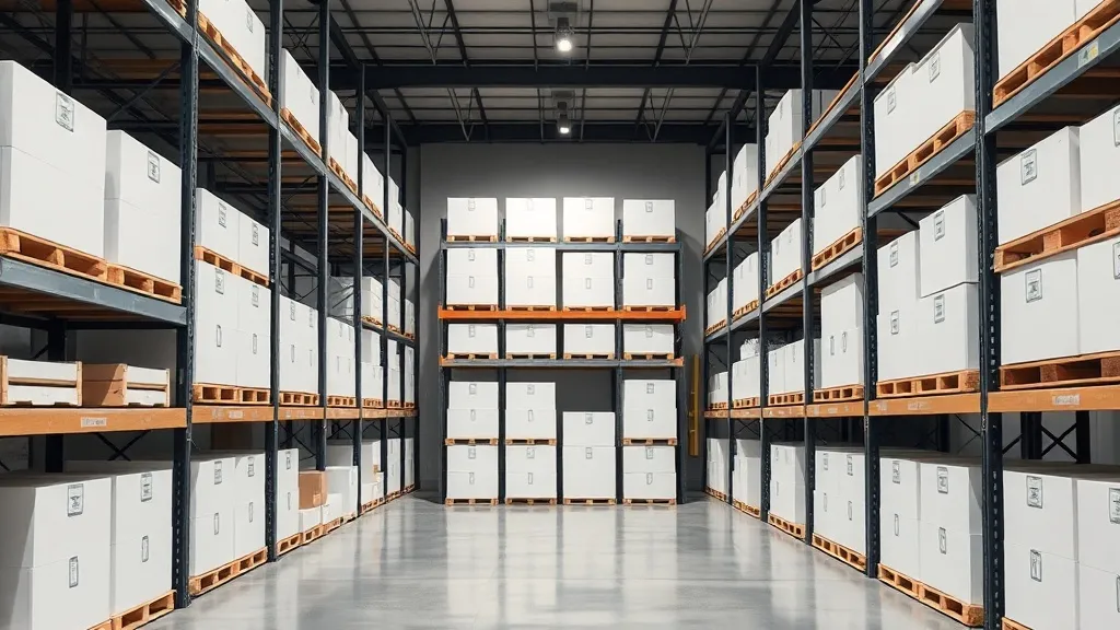 A minimalist organized warehouse shelf with clean white boxe