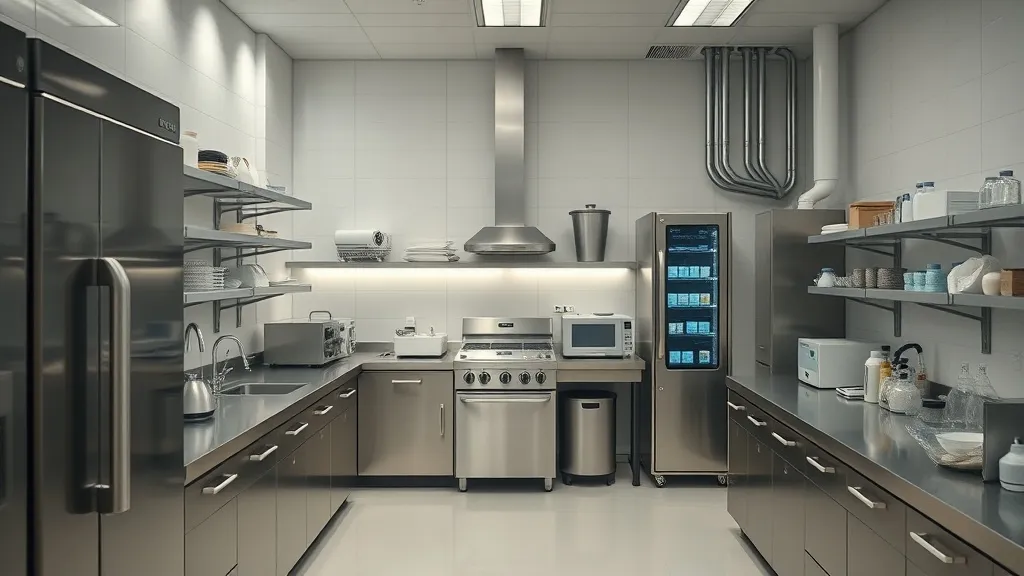 A clean laboratory setting with high-end modern appliances,