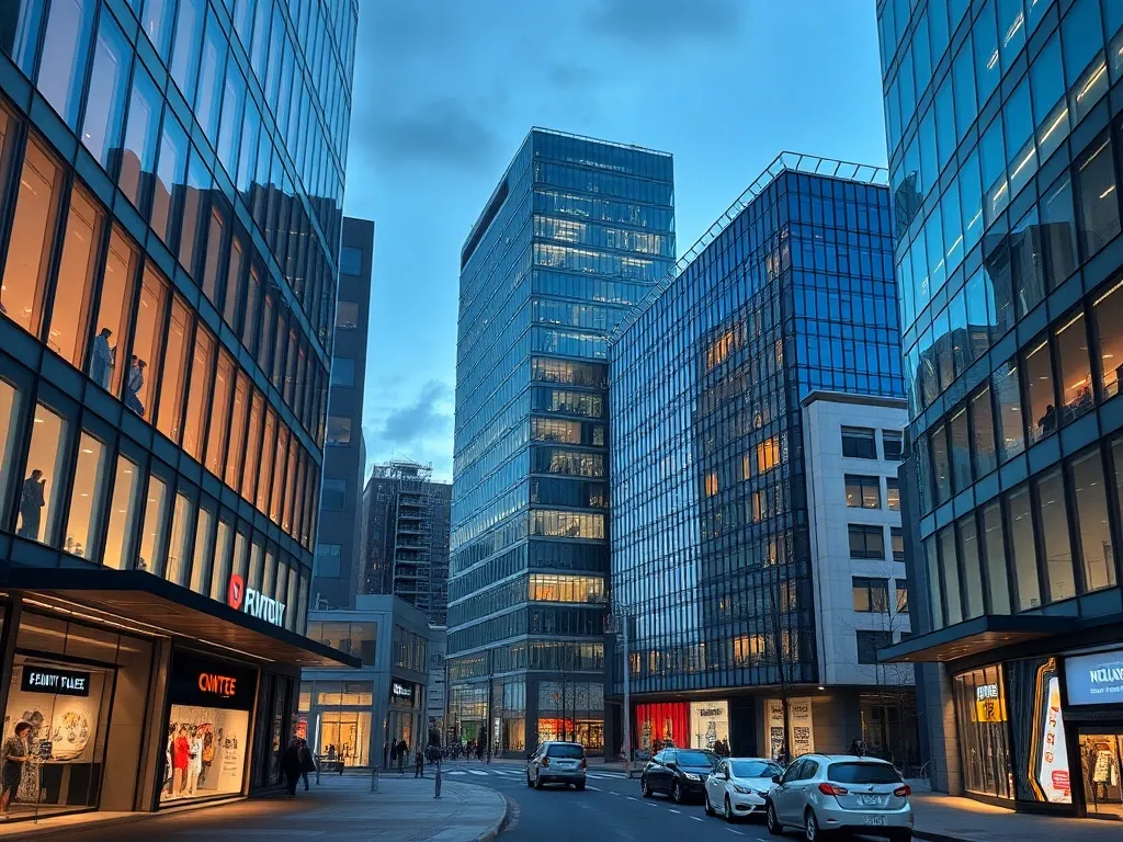 A high-end architectural view of a modern retail district in